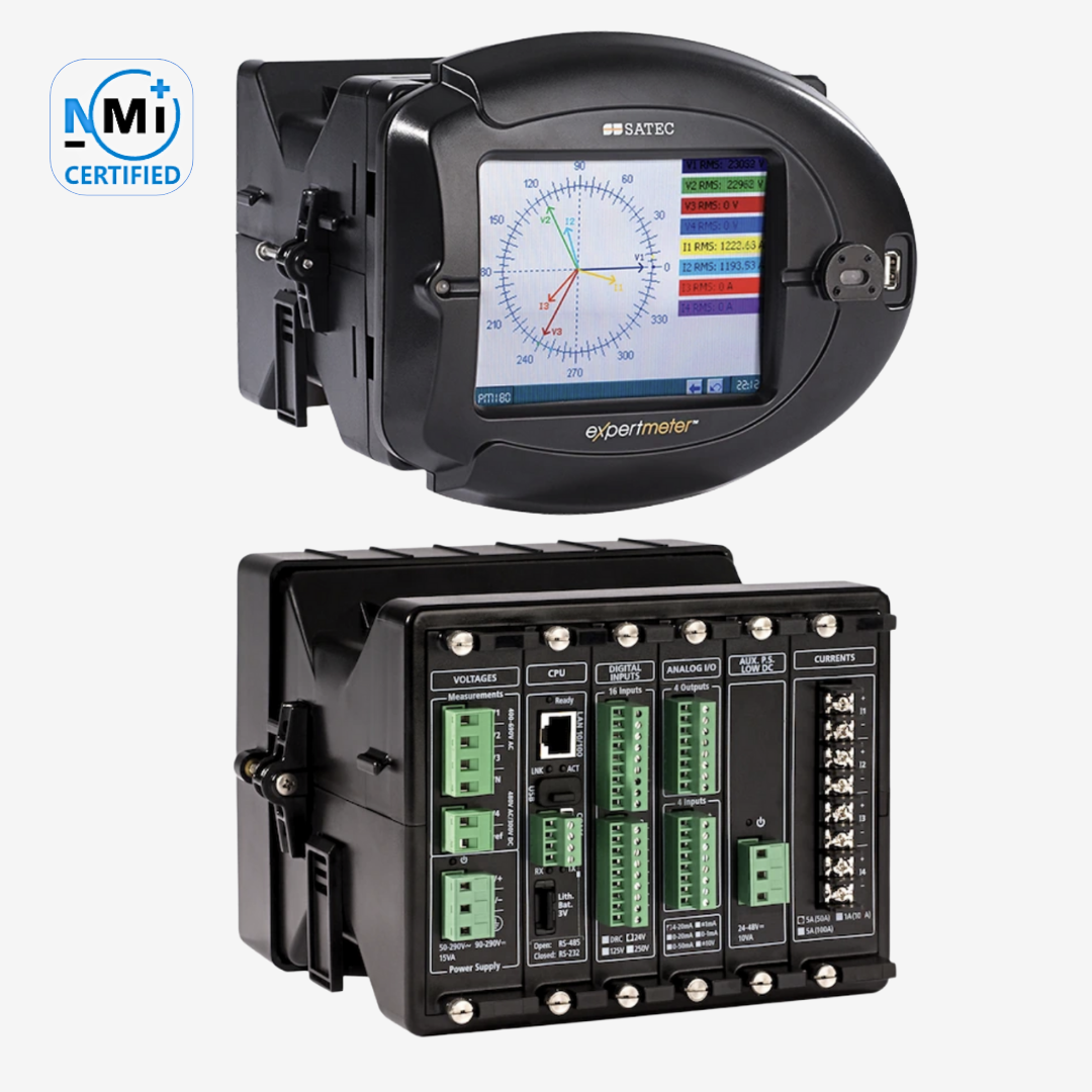 SATEC PM180 power quality analyser with colour display and modular I/O base, NMI certified