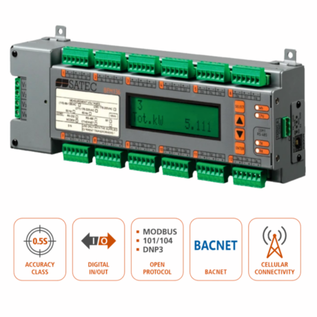 SATEC BFM136 branch feeder monitor with LCD display and terminal connections