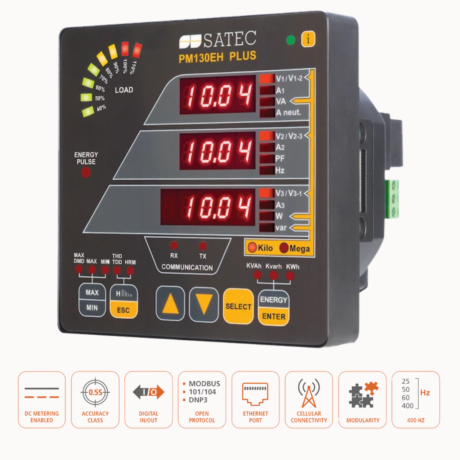 SATEC PM130 PLUS multifunction power meter, three-phase, with DC metering via shunt, front panel display and communication indicators