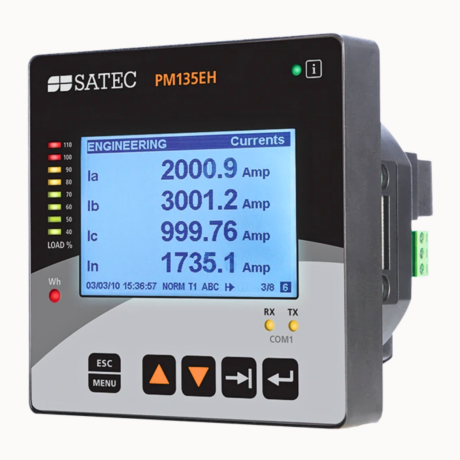 SATEC PM135 multifunction power meter for 3-phase industrial energy monitoring with Class 0.5S accuracy and RS-485 communication