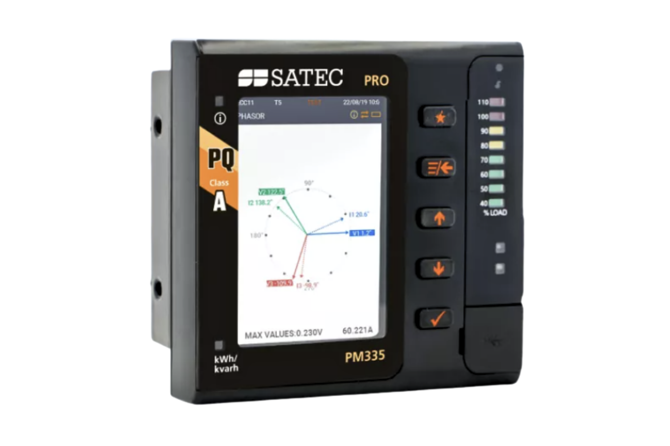 SATEC PM335 panel-mounted power meter and power quality analyser displaying phasor diagram and real-time electrical parameters on the front panel.
