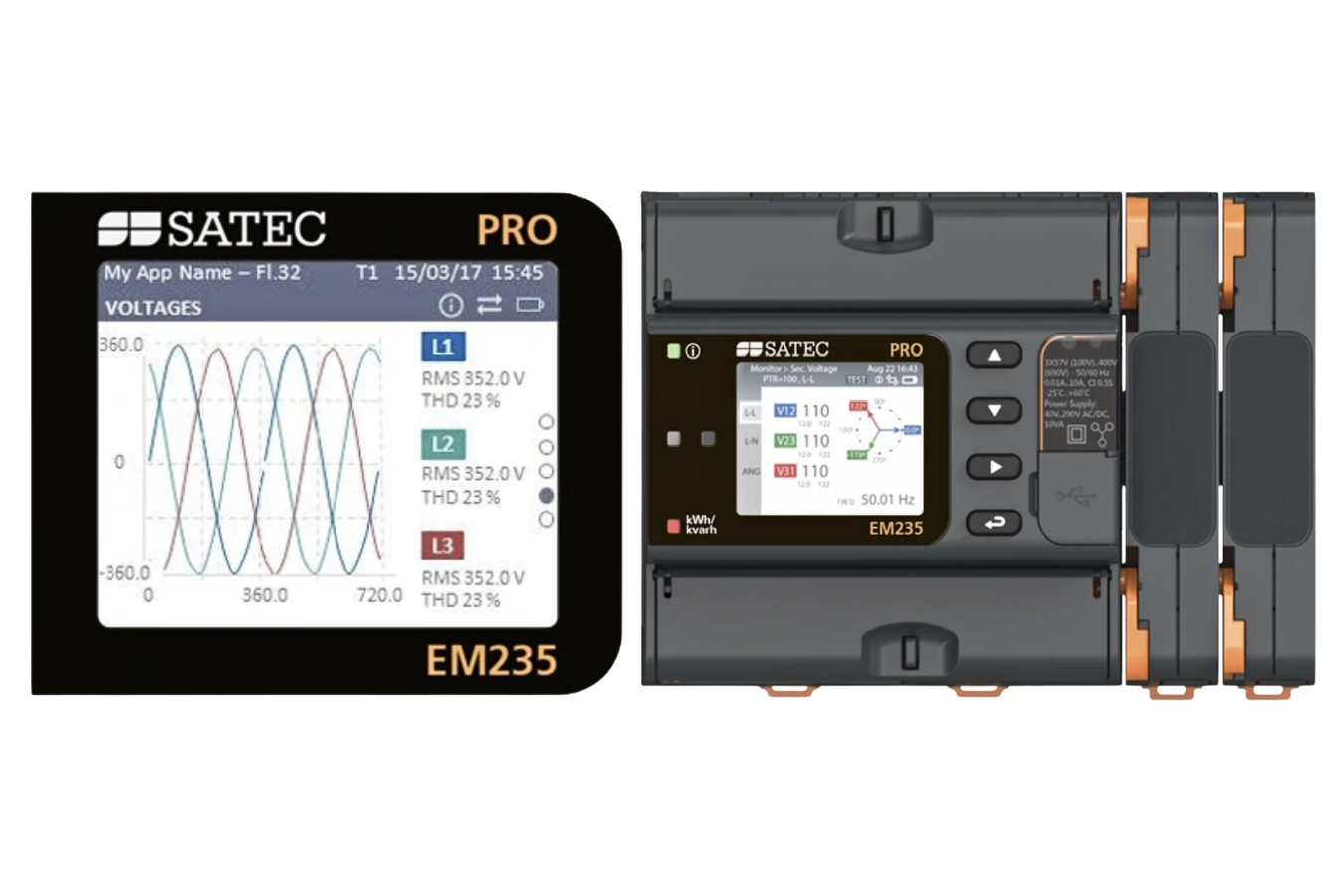 SATEC EM235 multifunction meter showing voltage and system measurements on the device display, used for energy monitoring and control at the point of connection.